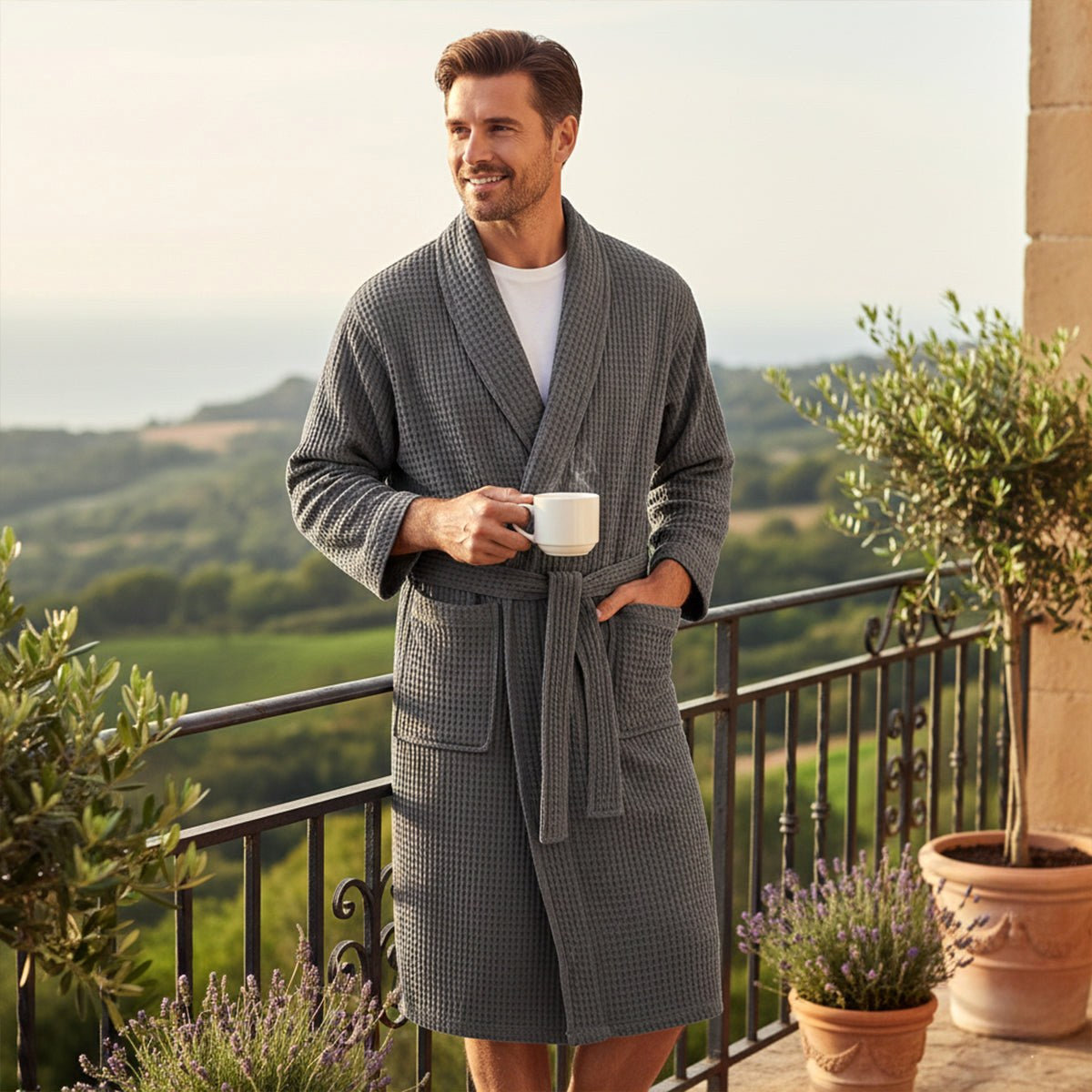 Tyler | Men's Cotton Waffle Lightweight Bathrobe, Spa Robe with Belt | Bella Blue