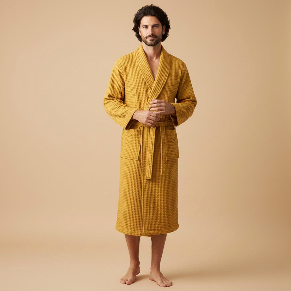 Tyler | Men's Cotton Waffle Lightweight Bathrobe, Spa Robe with Belt | Bella Blue | Yellow