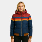 Veronique | Women's Retro Hooded Puffer Jacket, Striped Padded Autumn Coat | Bella Blue | Navy blue