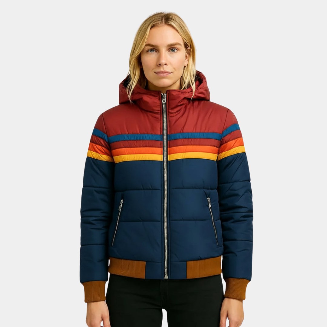 Veronique | Women's Retro Hooded Puffer Jacket, Striped Padded Autumn Coat | Bella Blue | Navy blue