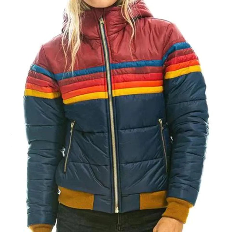 Veronique | Women's Retro Hooded Puffer Jacket, Striped Padded Autumn Coat | Bella Blue | Black