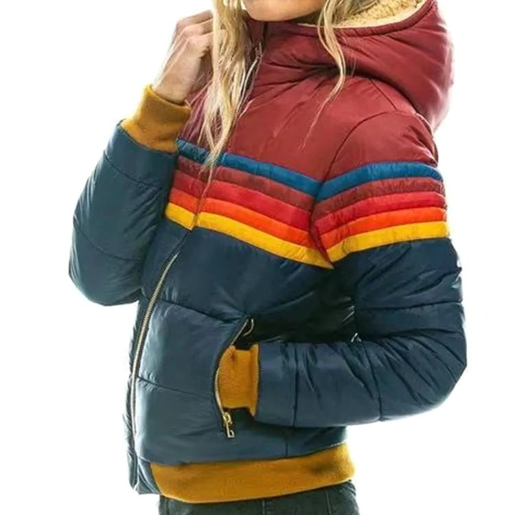 Veronique | Women's Retro Hooded Puffer Jacket, Striped Padded Autumn Coat | Bella Blue | Turquoise