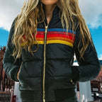 Veronique | Women's Retro Hooded Puffer Jacket, Striped Padded Autumn Coat | Bella Blue