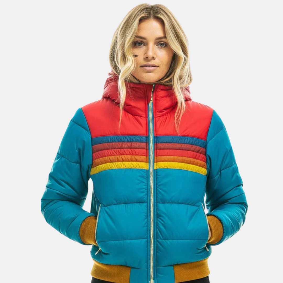 Veronique | Women's Retro Hooded Puffer Jacket, Striped Padded Autumn Coat | Bella Blue