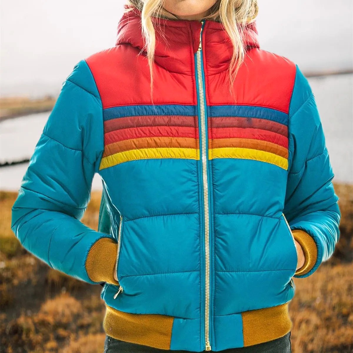 Veronique | Women's Retro Hooded Puffer Jacket, Striped Padded Autumn Coat | Bella Blue