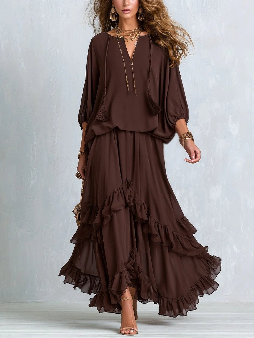 Victoria | Women's V-Neck Tie Blouse with Layered Maxi Skirt, Two-Piece Set | Bella Blue
