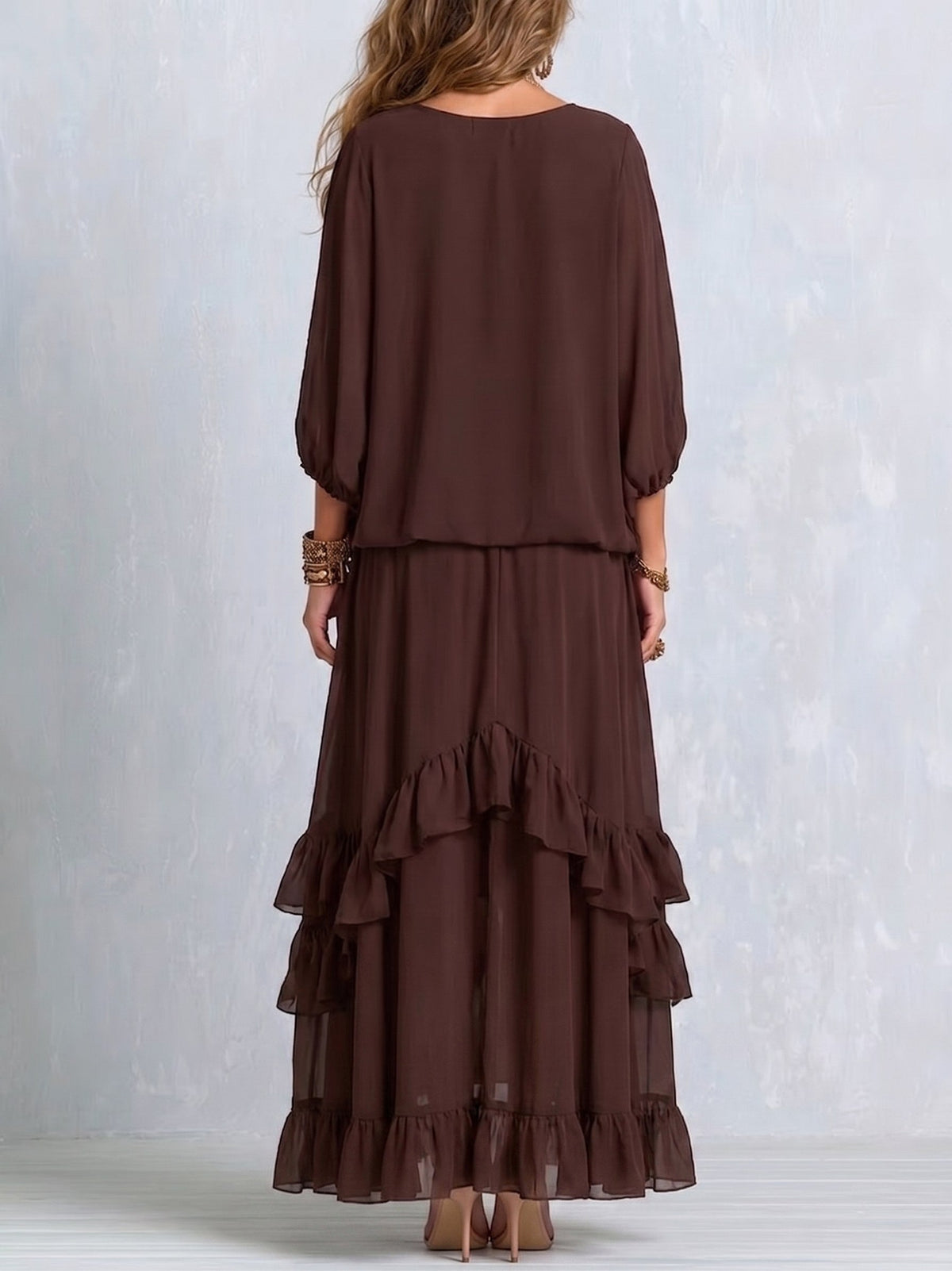 Victoria | Women's V-Neck Tie Blouse with Layered Maxi Skirt, Two-Piece Set | Bella Blue