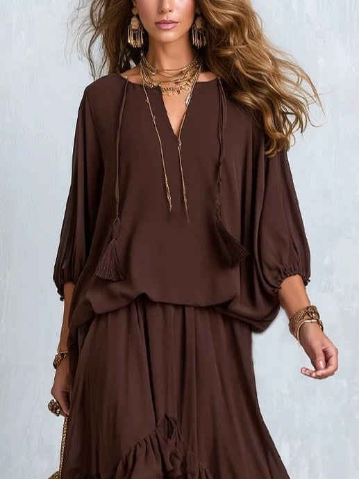 Victoria | Women's V-Neck Tie Blouse with Layered Maxi Skirt, Two-Piece Set | Bella Blue