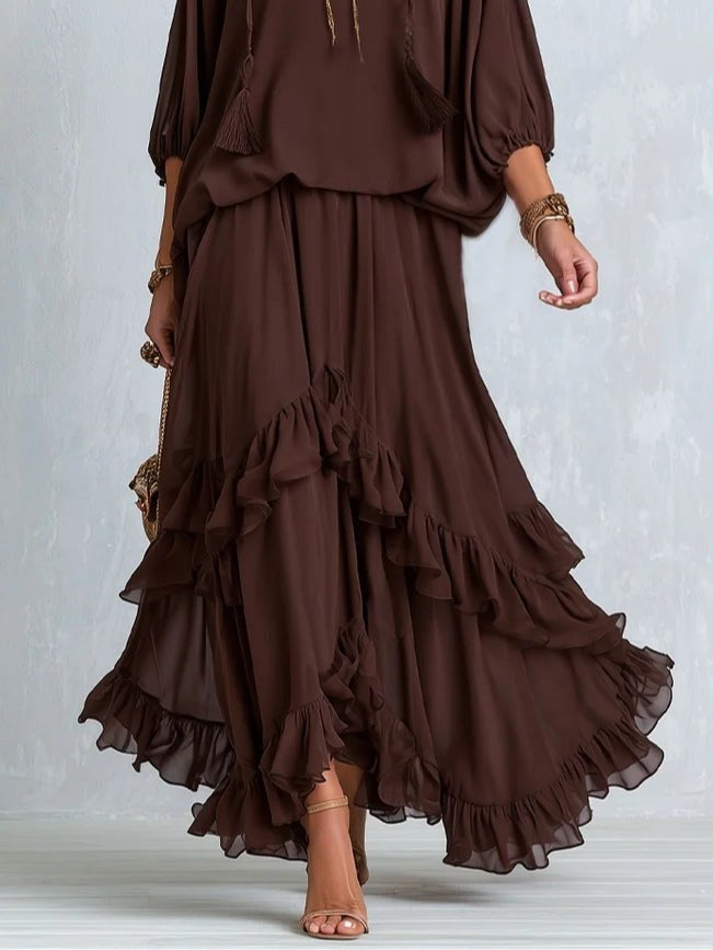 Victoria | Women's V-Neck Tie Blouse with Layered Maxi Skirt, Two-Piece Set | Bella Blue