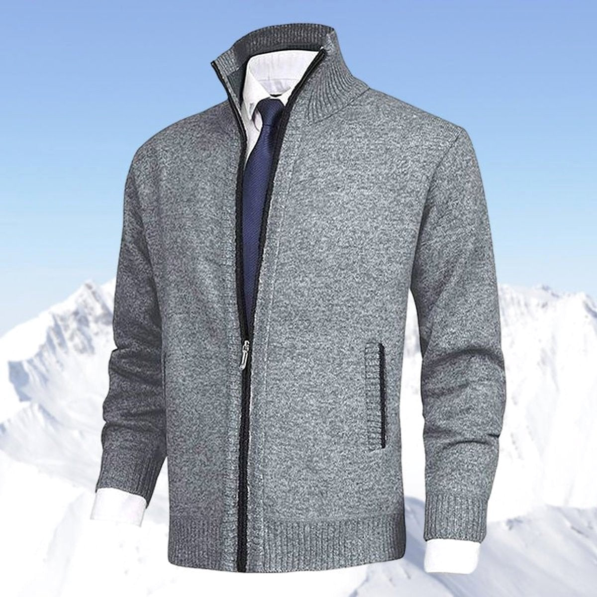 Vincent | Men's Knitted Gilet with Full-Length Zip, Stand-Collar Layering Gilet | Bella Blue | Black