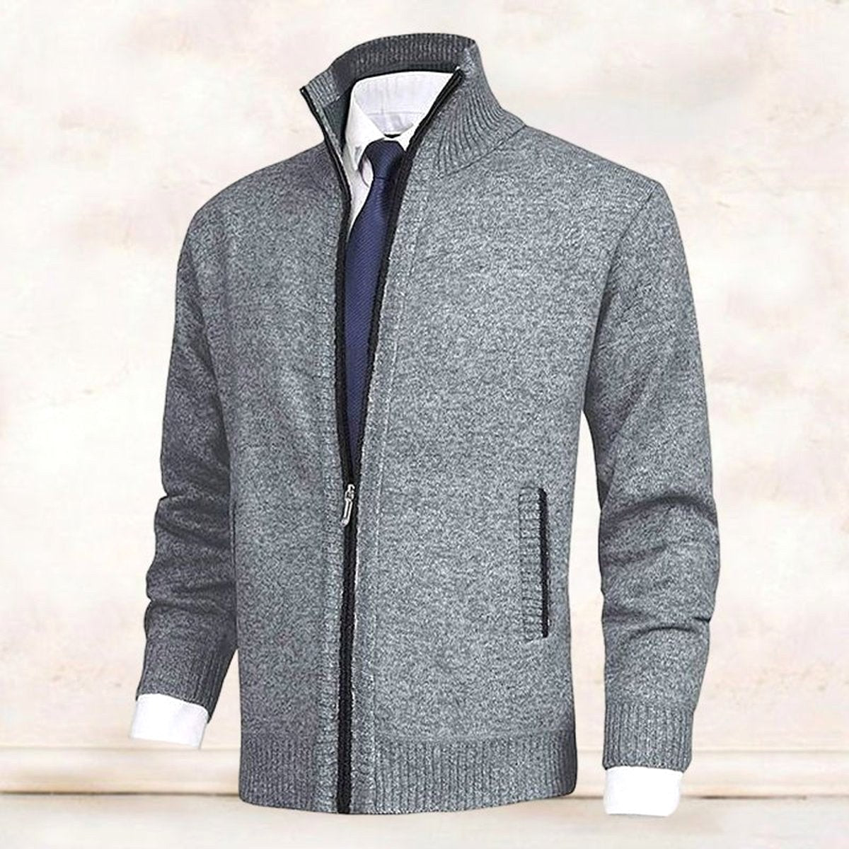 Vincent | Men's Knitted Gilet with Full-Length Zip, Stand-Collar Layering Gilet | Bella Blue | Red