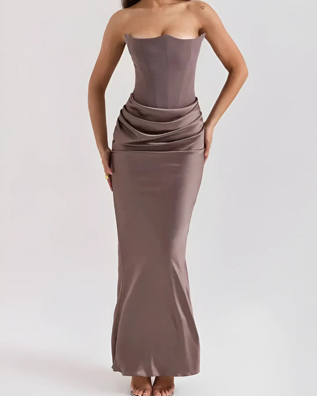 Viviane | Women's Strapless Draped Maxi Dress, Corset-Bodice Evening Dress | Bella Blue | Brown