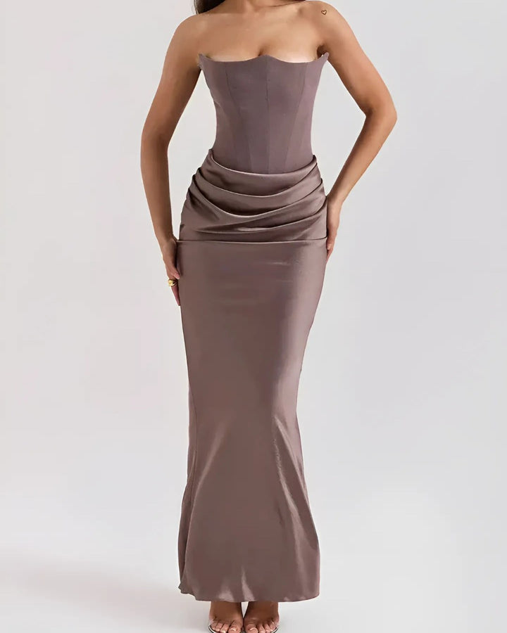 Viviane | Women's Strapless Draped Maxi Dress, Corset-Bodice Evening Dress | Bella Blue | Brown