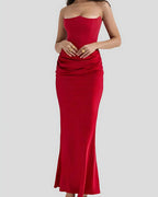 Viviane | Women's Strapless Draped Maxi Dress, Corset-Bodice Evening Dress | Bella Blue