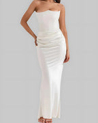 Viviane | Women's Strapless Draped Maxi Dress, Corset-Bodice Evening Dress | Bella Blue