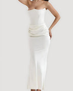 Viviane | Women's Strapless Draped Maxi Dress, Corset-Bodice Evening Dress | Bella Blue
