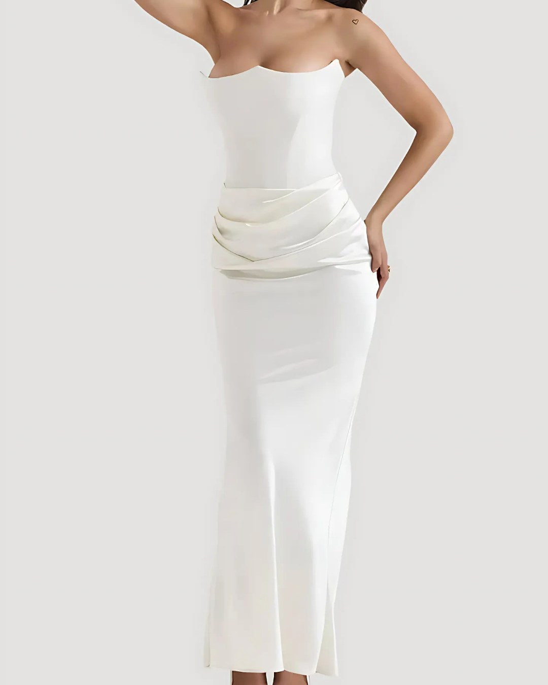 Viviane | Women's Strapless Draped Maxi Dress, Corset-Bodice Evening Dress | Bella Blue