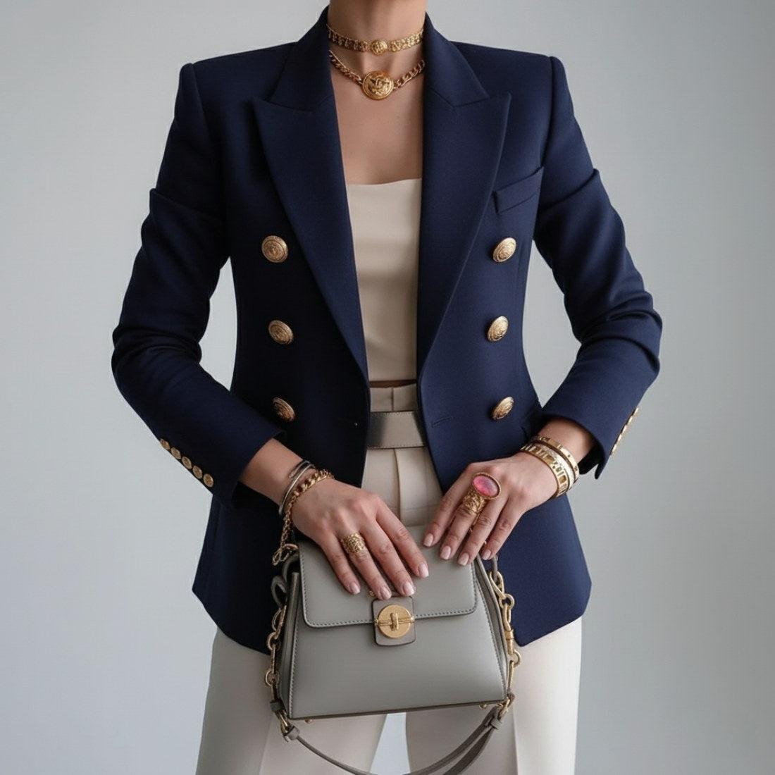 Vivienne | Women's Double-Breasted Blazer, Notch Lapel Blazer Suit | Bella Blue