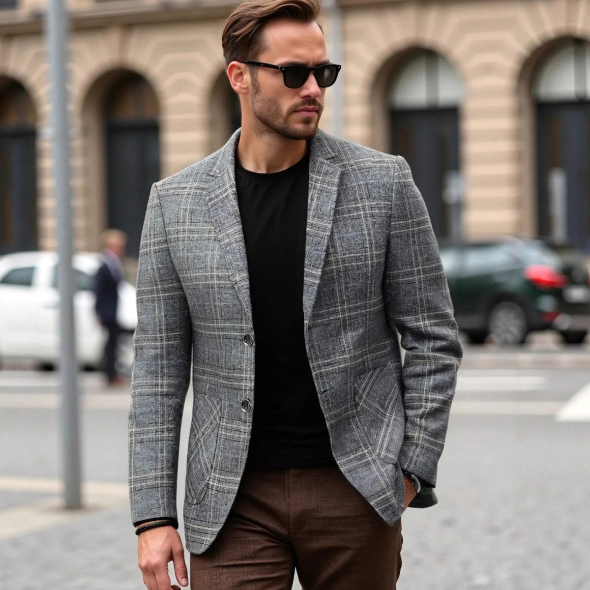 Warren | Men's Checked Lightweight Slim Fit Blazer, Smart Casual Blazer Suit | Bella Blue | Brown