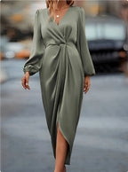 Weronika | Women's Satin Wrap Dress with Long Sleeves, Elegant Evening Dress | Bella Blue