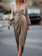 Weronika | Women's Satin Wrap Dress with Long Sleeves, Elegant Evening Dress | Bella Blue