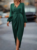 Weronika | Women's Satin Wrap Dress with Long Sleeves, Elegant Evening Dress | Bella Blue