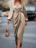 Weronika | Women's Satin Wrap Dress with Long Sleeves, Elegant Evening Dress | Bella Blue