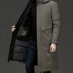Wilhelm | Men's Coat with Hood and Quilted Lining, Long Winter Coat for Men | Bella Blue | Grey