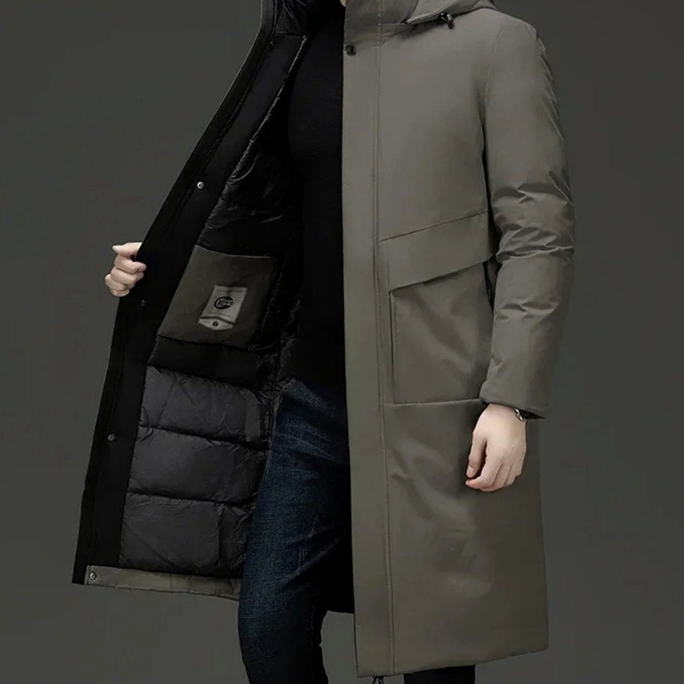 Wilhelm | Men's Coat with Hood and Quilted Lining, Long Winter Coat for Men | Bella Blue | Grey
