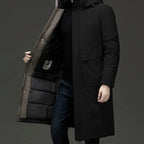 Wilhelm | Men's Coat with Hood and Quilted Lining, Long Winter Coat for Men | Bella Blue | Grey