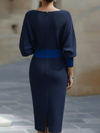 Willow | Women's Round-Neck Midi Dress, Draped Midi Dress | Bella Blue