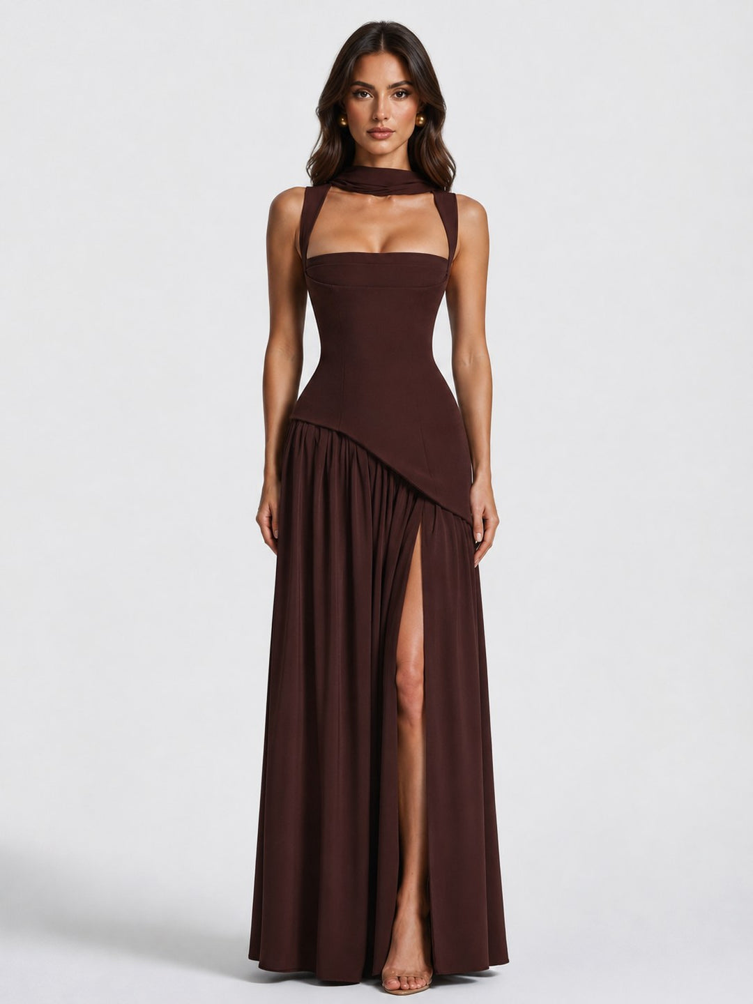 Willow | Women's Sculpted Satin-Feel Maxi Dress, Draped Evening Dress | Bella Blue | Brown