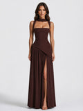 Willow | Women's Sculpted Satin-Feel Maxi Dress, Draped Evening Dress | Bella Blue | Brown