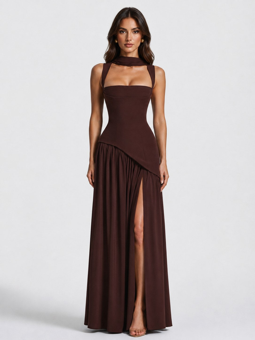 Willow | Women's Sculpted Satin-Feel Maxi Dress, Draped Evening Dress | Bella Blue | Brown