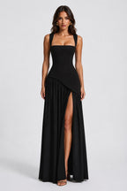 Willow | Women's Sculpted Satin-Feel Maxi Dress, Draped Evening Dress | Bella Blue
