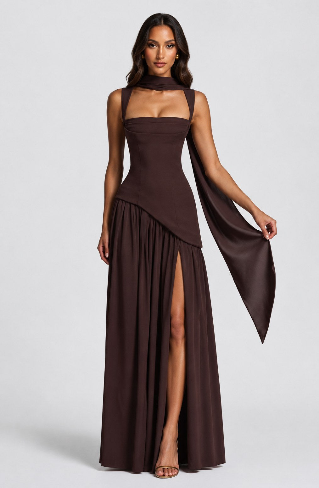 Willow | Women's Sculpted Satin-Feel Maxi Dress, Draped Evening Dress | Bella Blue | Burgundy