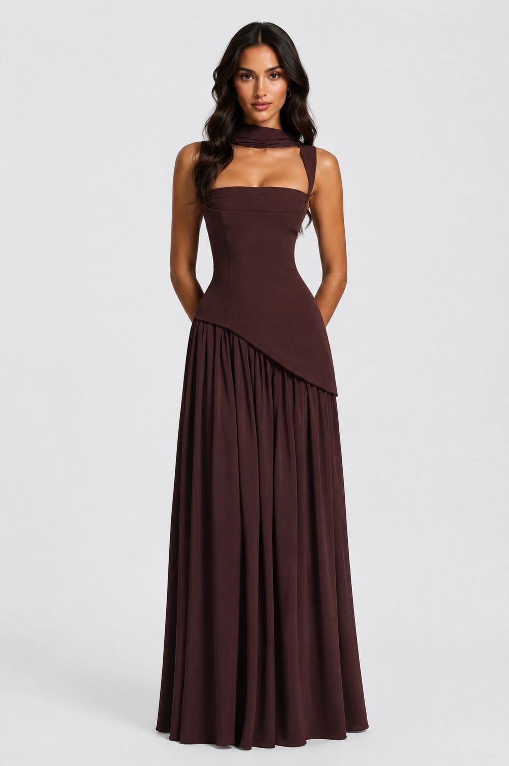 Willow | Women's Sculpted Satin-Feel Maxi Dress, Draped Evening Dress | Bella Blue | Black