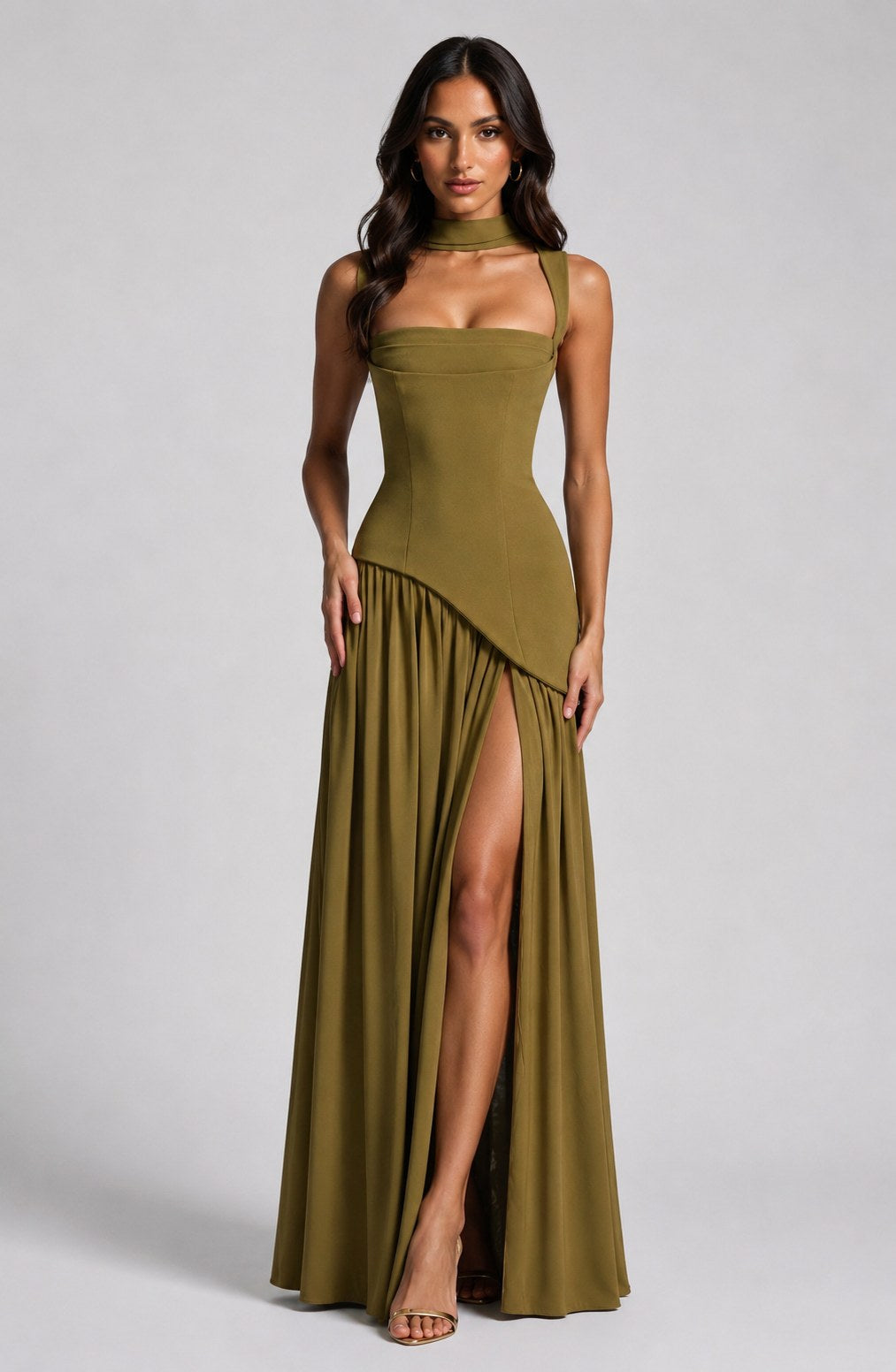 Willow | Women's Sculpted Satin-Feel Maxi Dress, Draped Evening Dress | Bella Blue