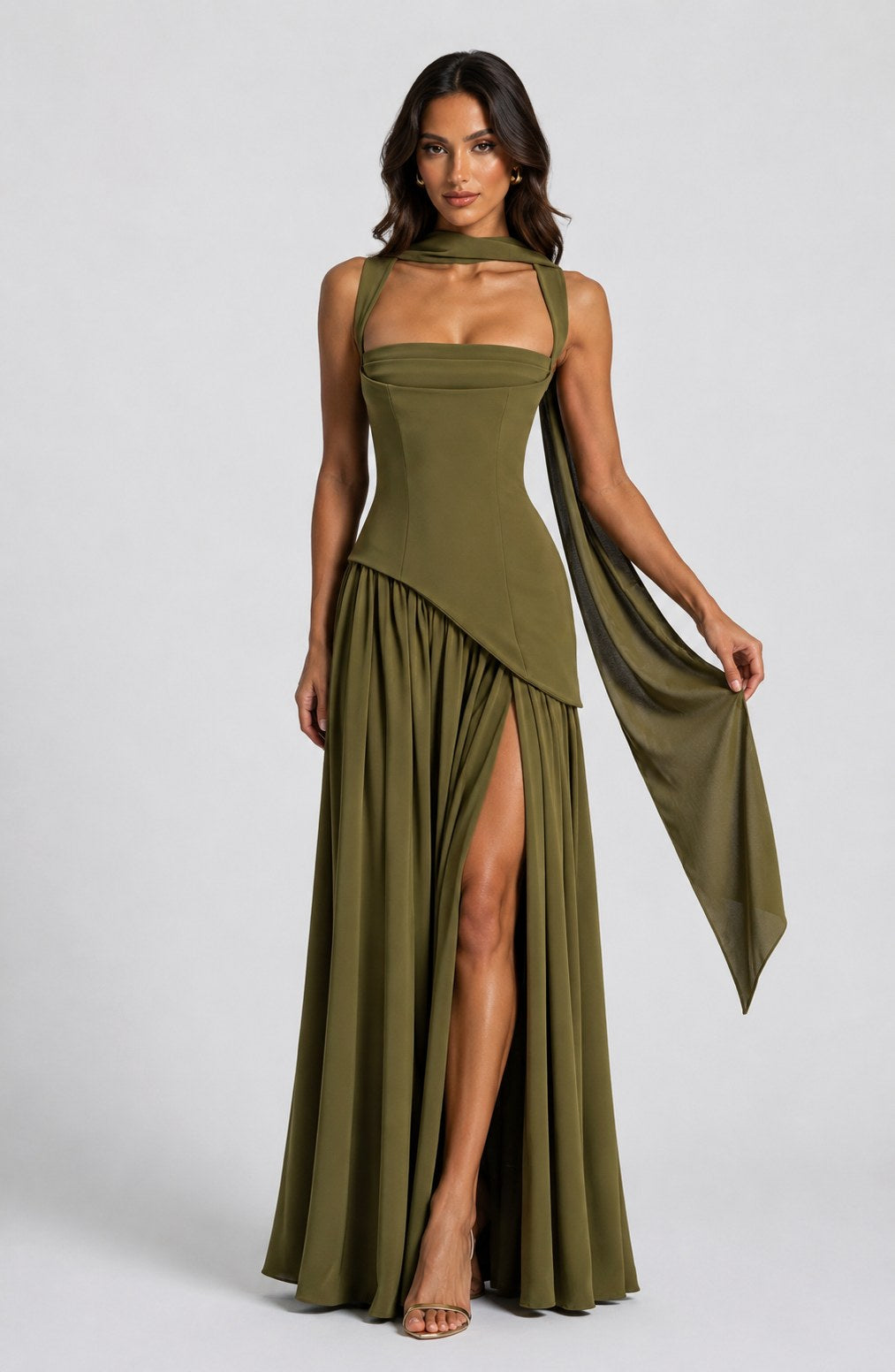 Willow | Women's Sculpted Satin-Feel Maxi Dress, Draped Evening Dress | Bella Blue