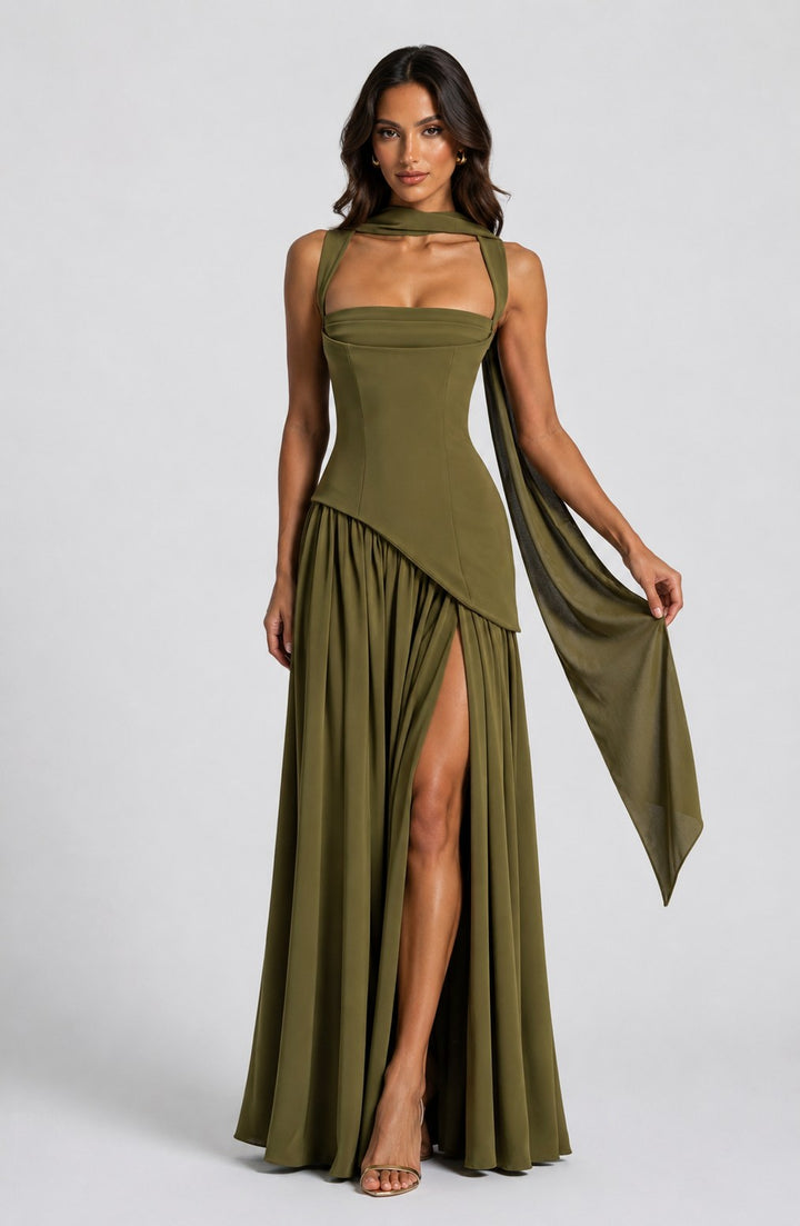 Willow | Women's Sculpted Satin-Feel Maxi Dress, Draped Evening Dress | Bella Blue