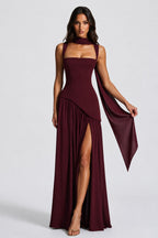 Willow | Women's Sculpted Satin-Feel Maxi Dress, Draped Evening Dress | Bella Blue