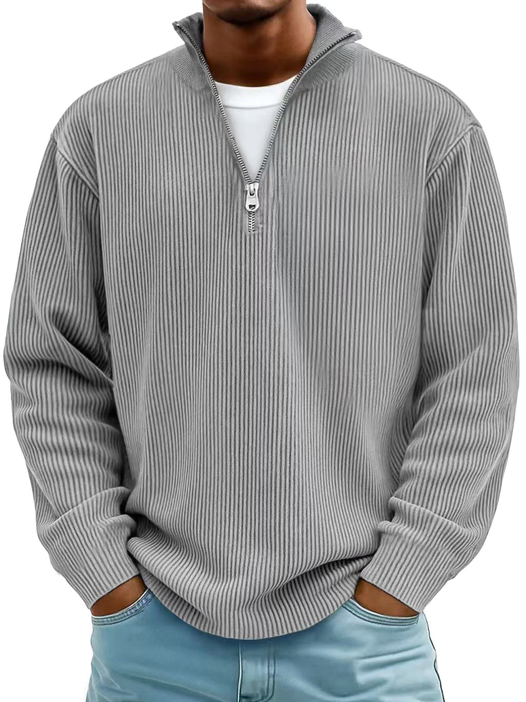 Wolfgang | Men's Jumper with Half-Zip Design, Structured Trendy Jumper | Bella Blue | Grey