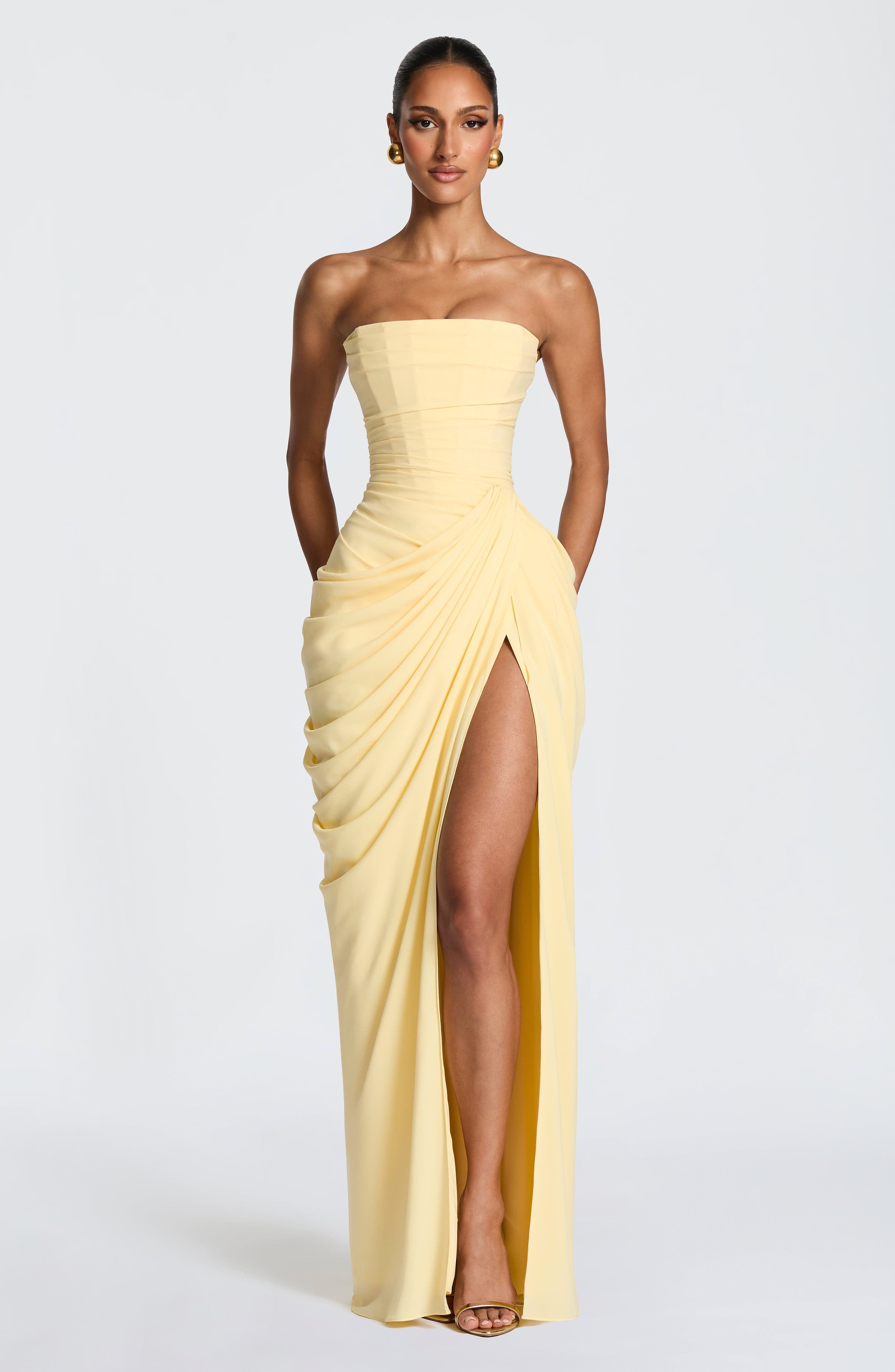 Yvette | Women's Strapless Maxi Dress, Ruched Waist Evening Dress | Bella Blue | Yellow