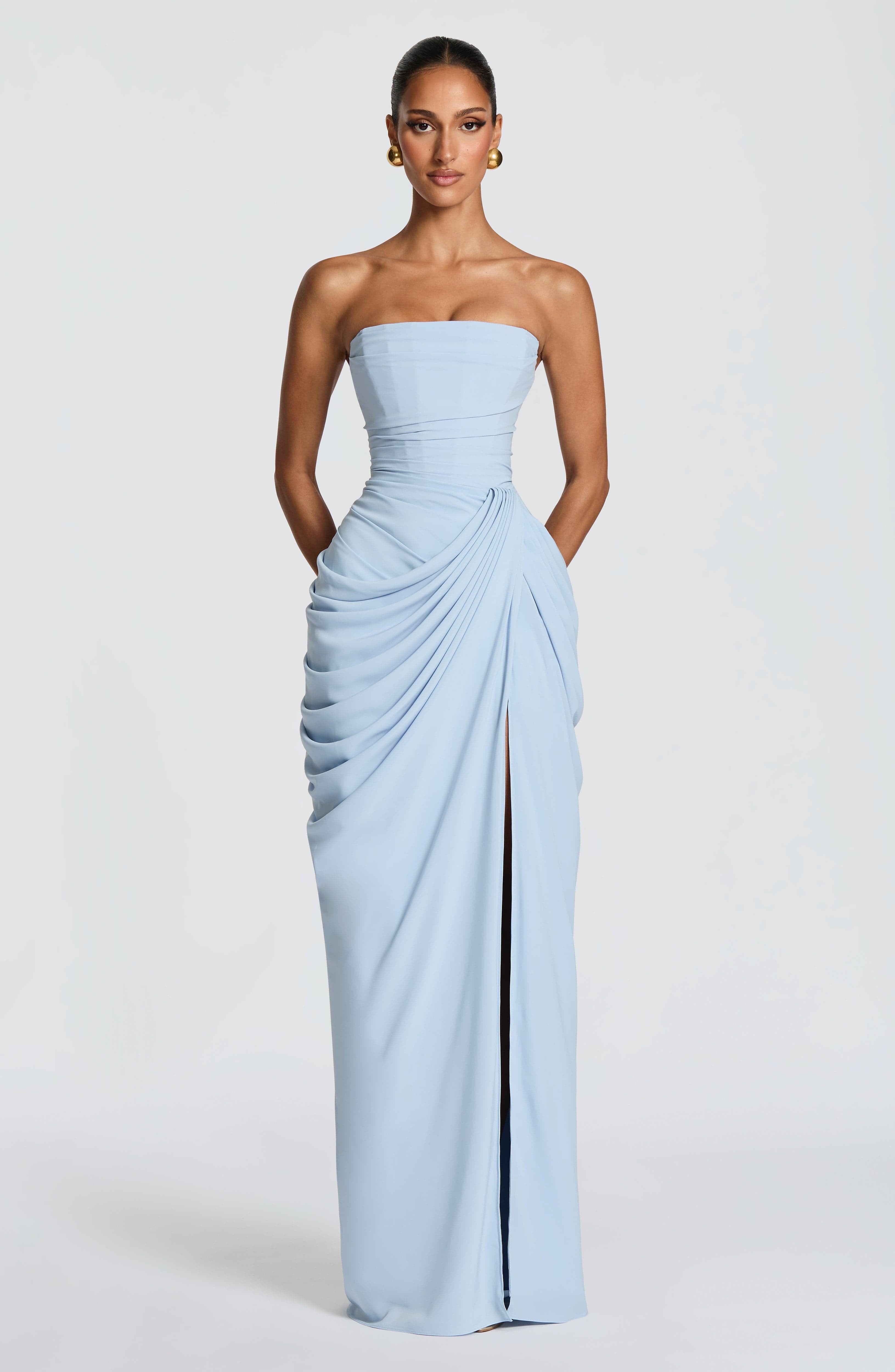 Yvette | Women's Strapless Maxi Dress, Ruched Waist Evening Dress | Bella Blue | Light Blue