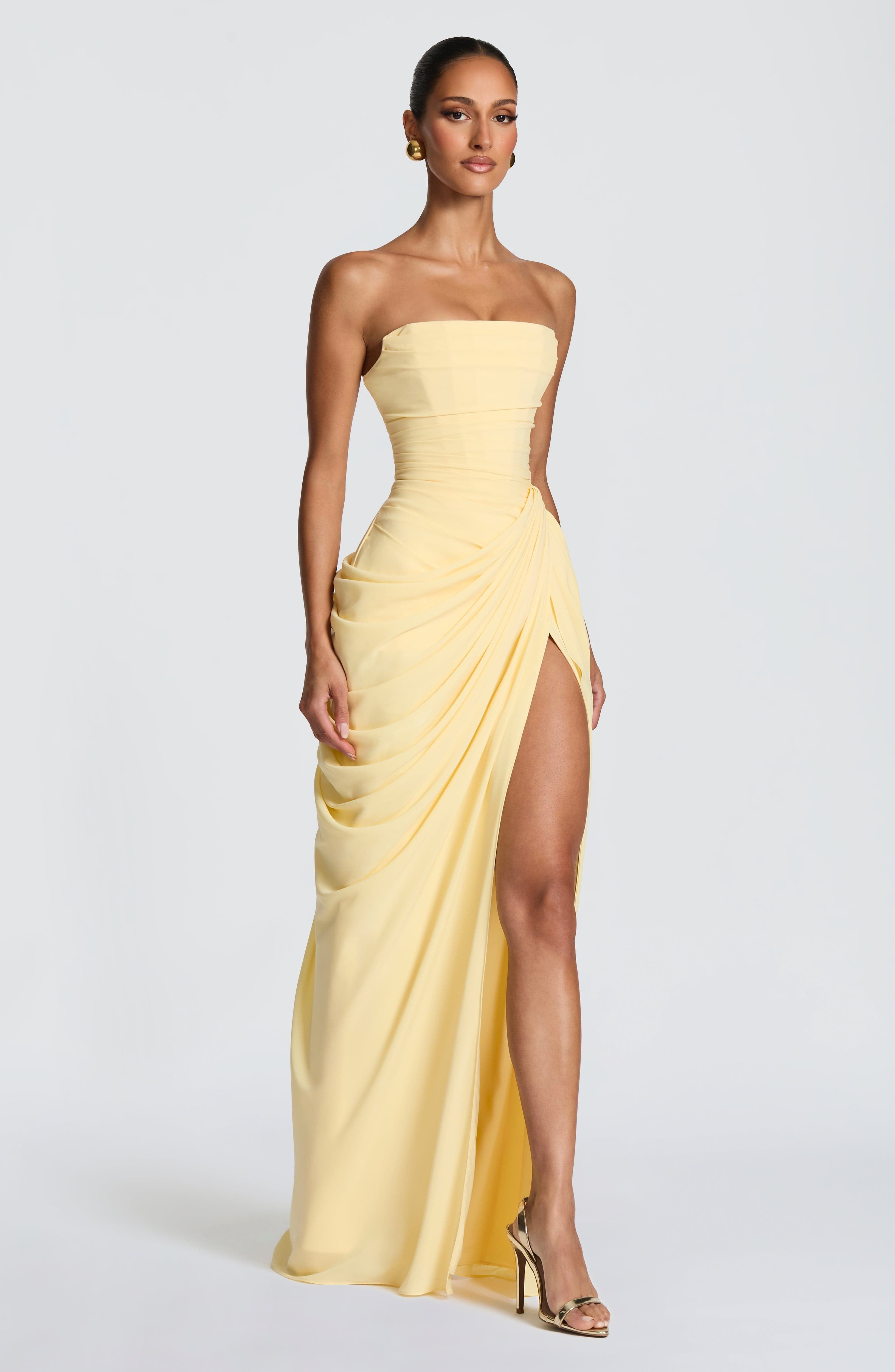 Yvette | Women's Strapless Maxi Dress, Ruched Waist Evening Dress | Bella Blue