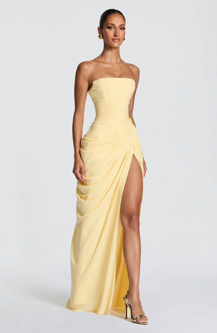 Yvette | Women's Strapless Maxi Dress, Ruched Waist Evening Dress | Bella Blue
