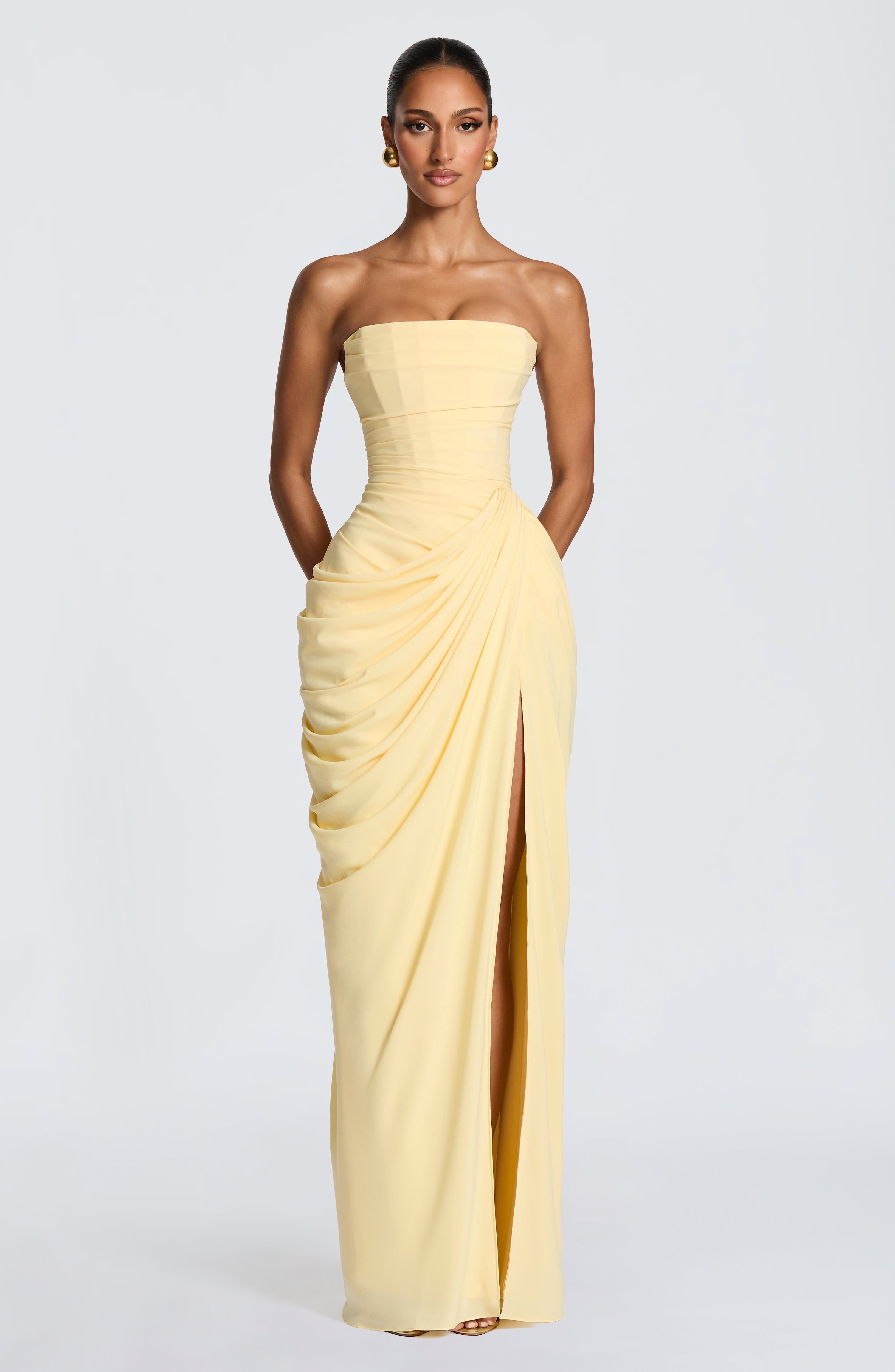 Yvette | Women's Strapless Maxi Dress, Ruched Waist Evening Dress | Bella Blue