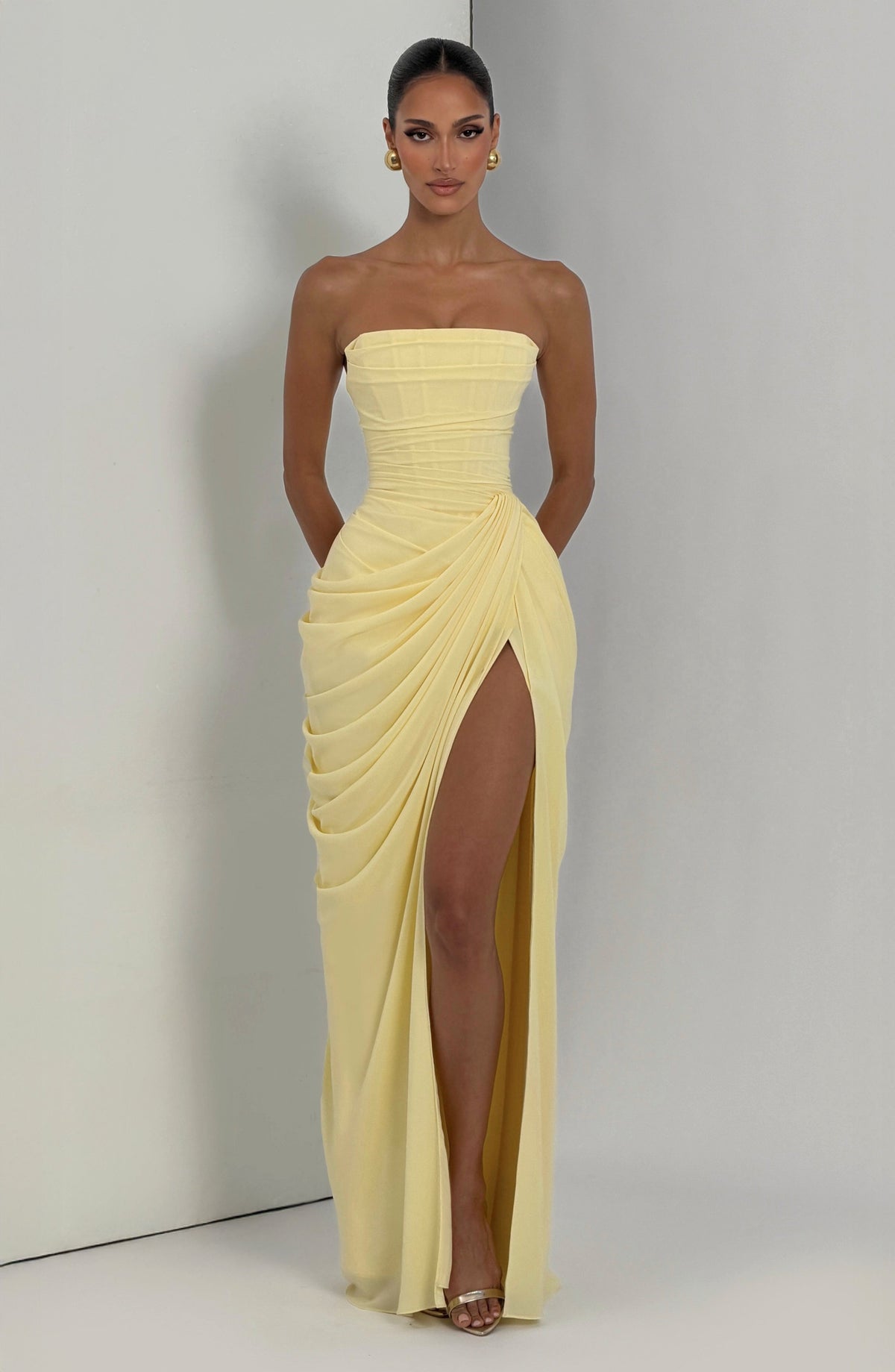 Yvette | Women's Strapless Maxi Dress, Ruched Waist Evening Dress | Bella Blue