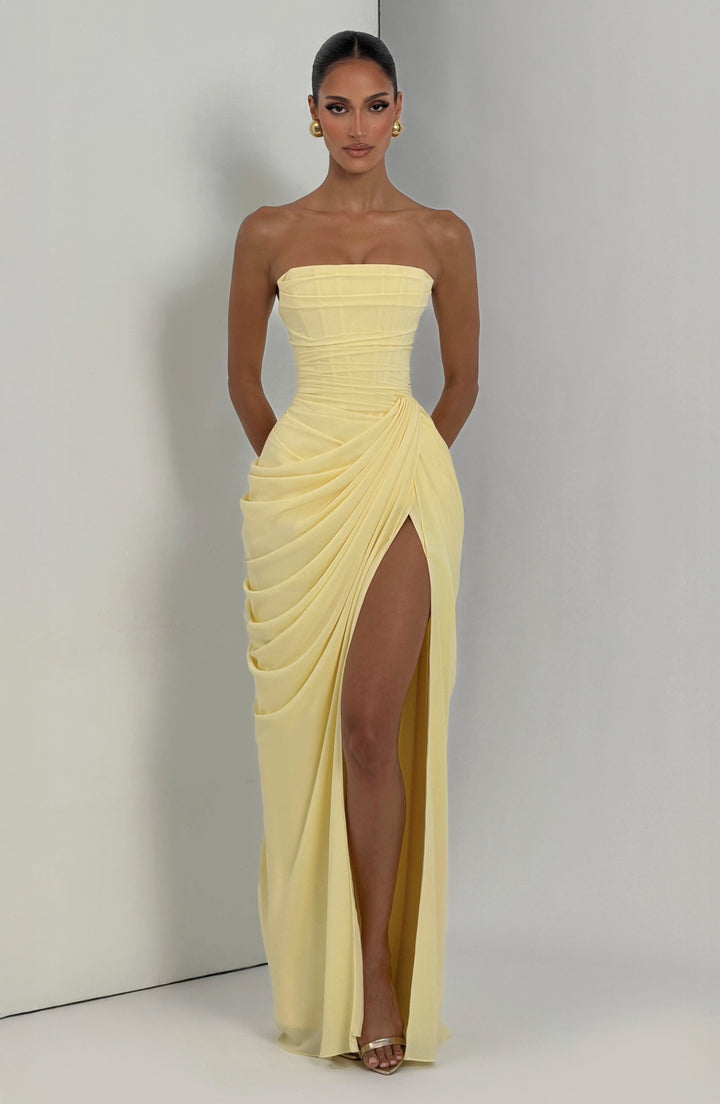 Yvette | Women's Strapless Maxi Dress, Ruched Waist Evening Dress | Bella Blue