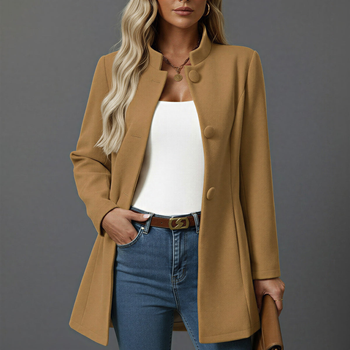 Yvonne | Women's Button-Down A-Line Coat, Stand Collar Autumn Coat | Bella Blue